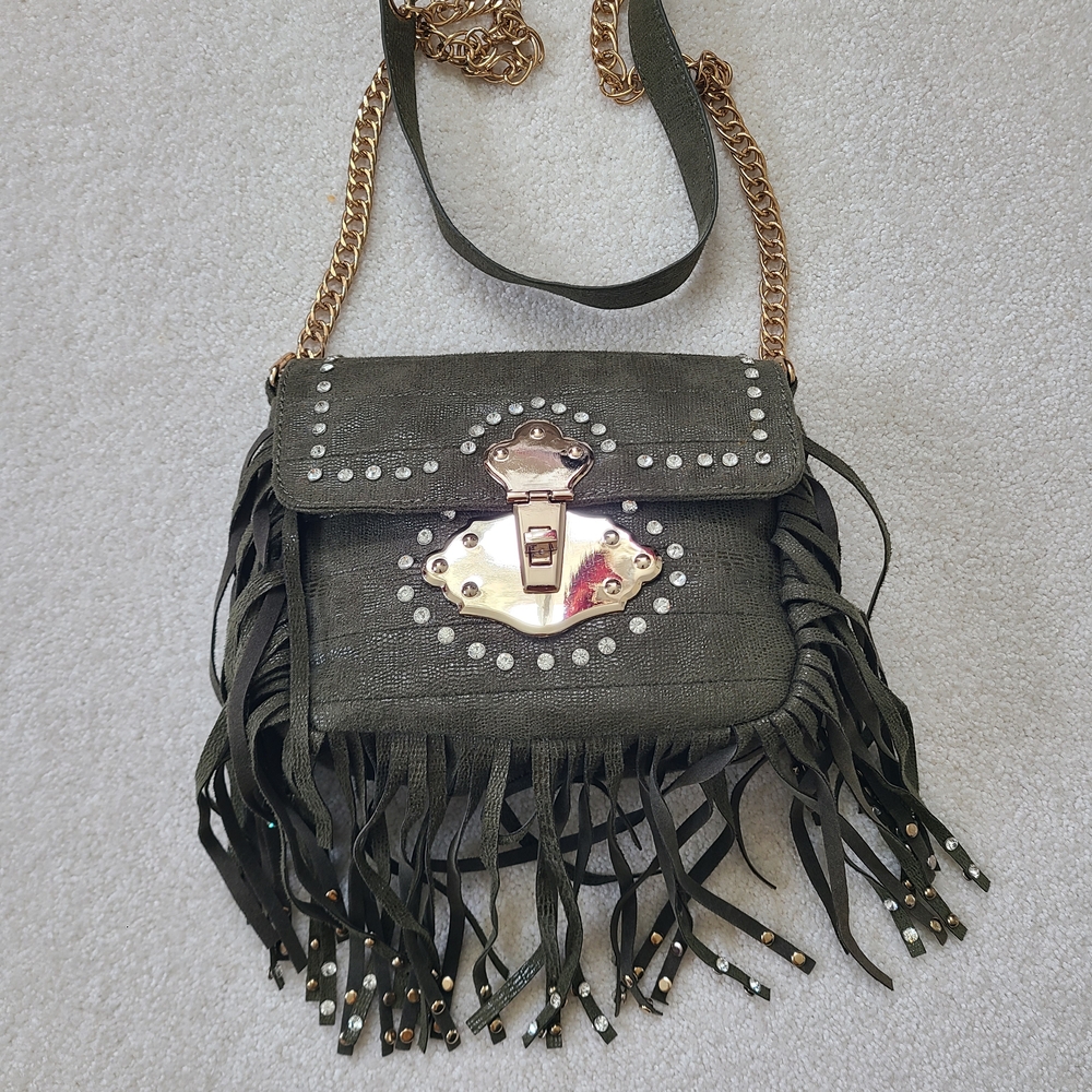 LIKE NEW CACHE Olive Green Faux Suede Crossbody with Studded Gem Detail & Fringe - Picture 2 of 10